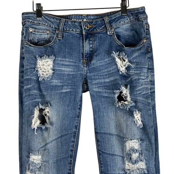 Blues Society Jeans Size 7/8 Medium Wash Faded Distressed Low Rise Y2K Grunge - Picture 2 of 5